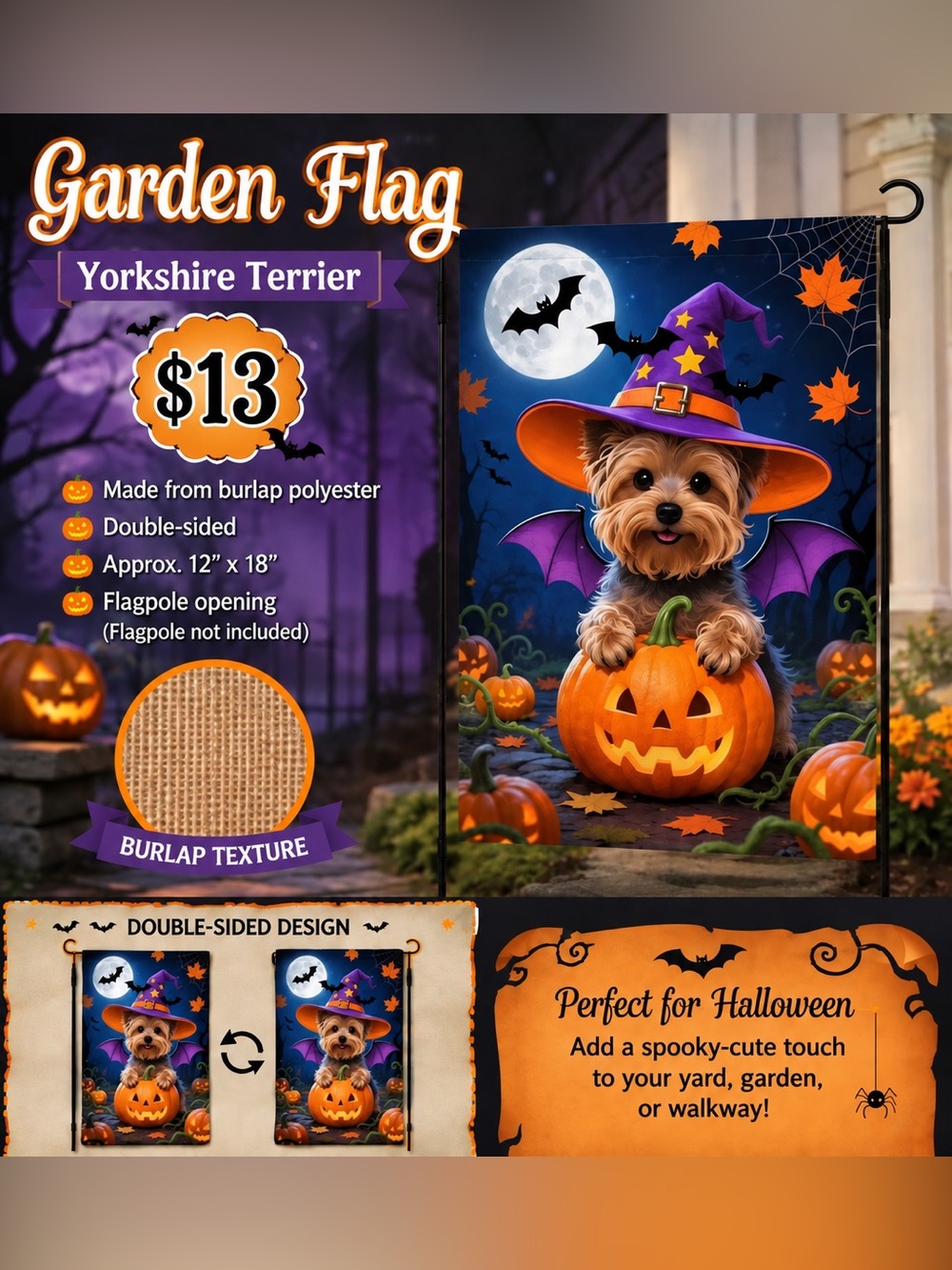 Garden flag, Halloween witch Yorkie, burlap polyester, double-sided, 12”x18”